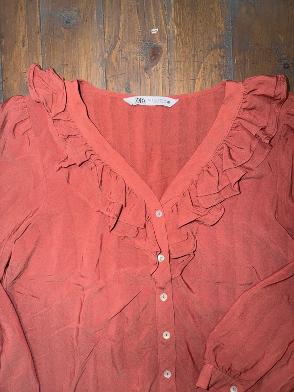 Zara Rust Ruffle V-Neck Button-Down Blouse - Picture 2 of 4